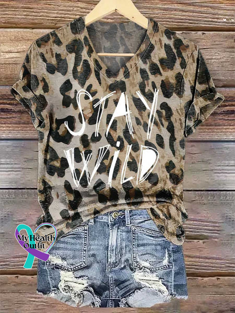 Women’s Stay Wild Leopard Print V-neck Casual T-Shirt Multicolor / S