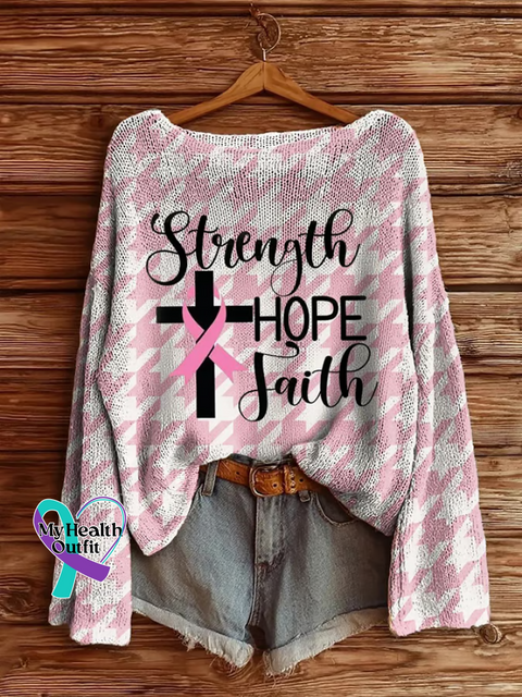 Women’s Strength HOPE Faith Breast Cancer Awareness Casual Pullover Sweater Multicolor / S