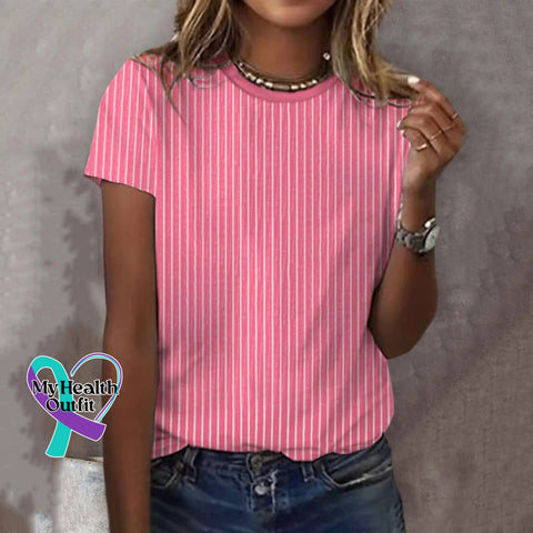 Women’s Striped Breast Cancer Awareness Print Casual T-Shirt Dark Pink / S