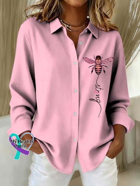 Women’s Strong Breast Cancer Awareness Print Casual Cotton Shirt LightPink / S