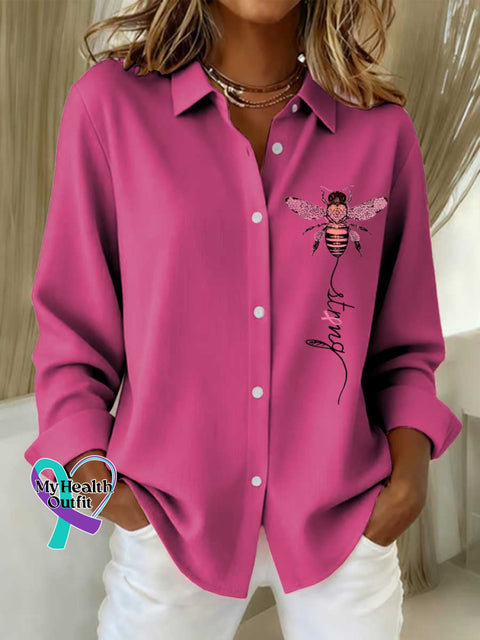 Women’s Strong Breast Cancer Awareness Print Casual Cotton Shirt Pink / S