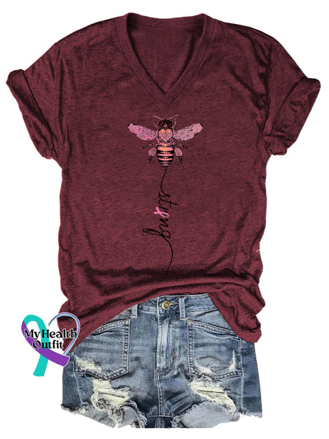 Women’s Strong Breast Cancer Awareness V neck Casual T Shirt