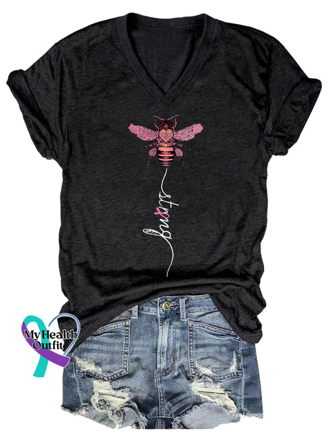 Women’s Strong Breast Cancer Awareness V neck Casual T Shirt Black / S