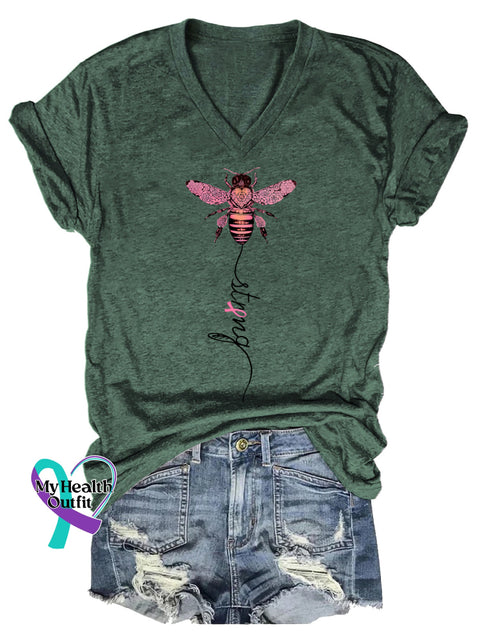 Women’s Strong Breast Cancer Awareness V neck Casual T Shirt Green / S