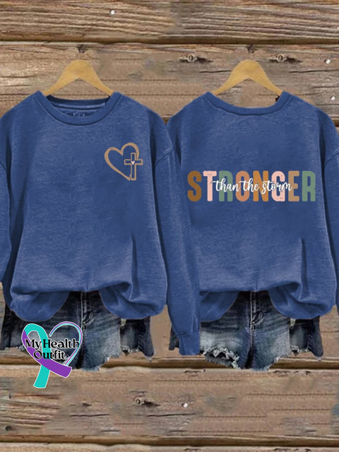 Women’s Stronger Than The Storm Print Round Neck Sweatshirt Blue / S