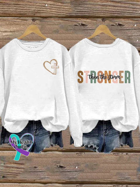 Women’s Stronger Than The Storm Print Round Neck Sweatshirt White / S