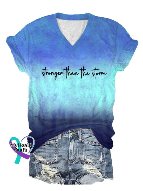 Women’s Stronger Than The Storm Print V-Neck T-Shirt Picture 1 / S
