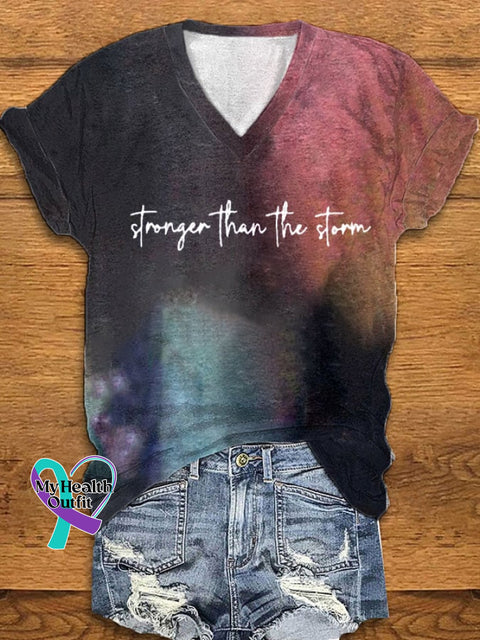 Women’s Stronger Than The Storm Print V-Neck T-Shirt Picture 4 / S