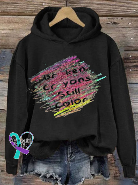 Women’s Suicide Prevention Broken Crayons Still Color Printed Casual Long Sleeve Sweatshirt Black