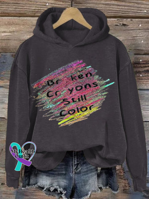 Women’s Suicide Prevention Broken Crayons Still Color Printed Casual Long Sleeve Sweatshirt Dark
