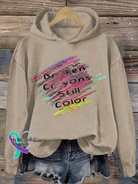 Women’s Suicide Prevention Broken Crayons Still Color Printed Casual Long Sleeve Sweatshirt Khaki