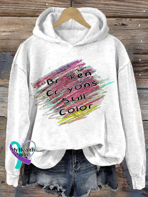Women’s Suicide Prevention Broken Crayons Still Color Printed Casual Long Sleeve Sweatshirt White