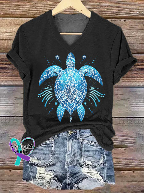 Women’s Summer Sea Turtle V-neck Casual T-Shirt Black / S