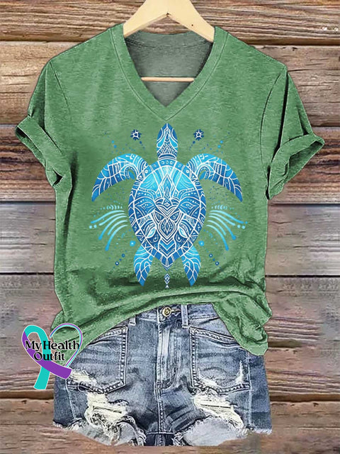 Women’s Summer Sea Turtle V-neck Casual T-Shirt Green / S