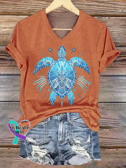 Women’s Summer Sea Turtle V-neck Casual T-Shirt Orange / S