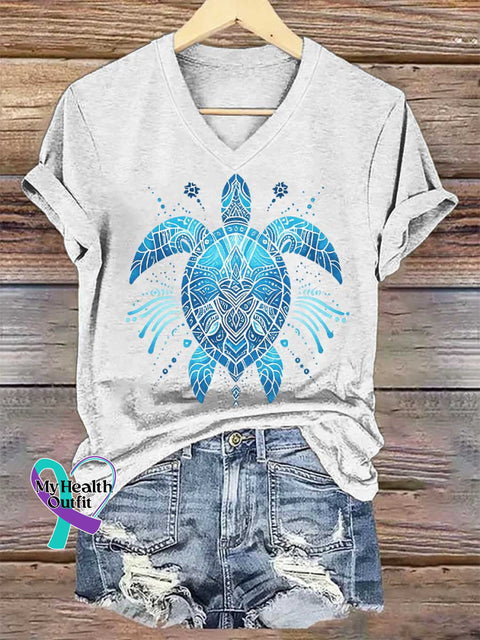 Women’s Summer Sea Turtle V-neck Casual T-Shirt White / S