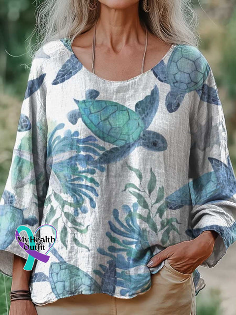 Women’s Summer Turtle Print Casual Cotton And Linen Shirt Multicolor / S