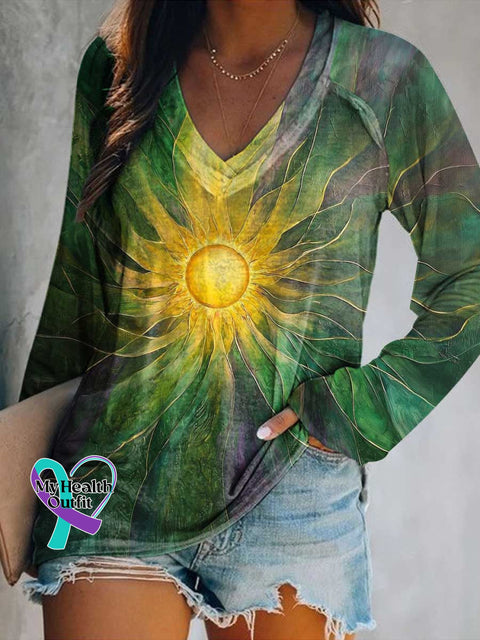Women’s SUN ART Print Casual V Neck Long Sleeve Tops Multicolor / S