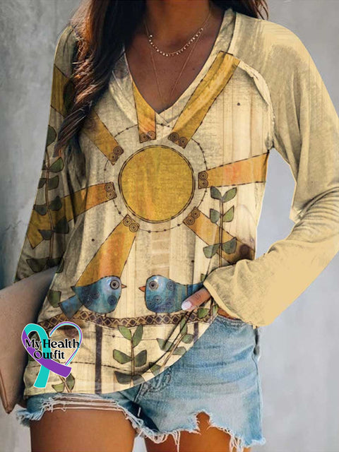 Women’s Sun Bird Love and Peace Print Casual V Neck Long Sleeve Tops Multicolor / S