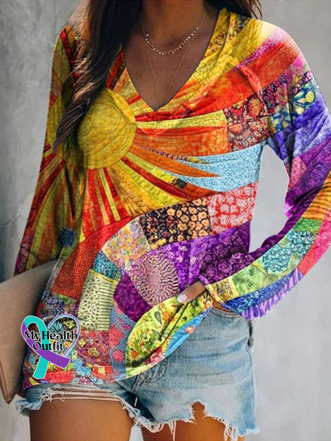 Women’s Sun Floral Print Casual V Neck Long Sleeve Tops Multicolor / S