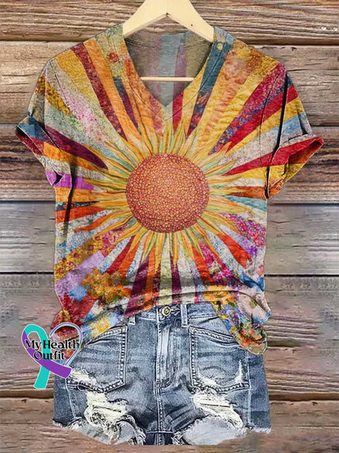 Women’s Sun Floral V-neck Casual T-Shirt Multicolor / S