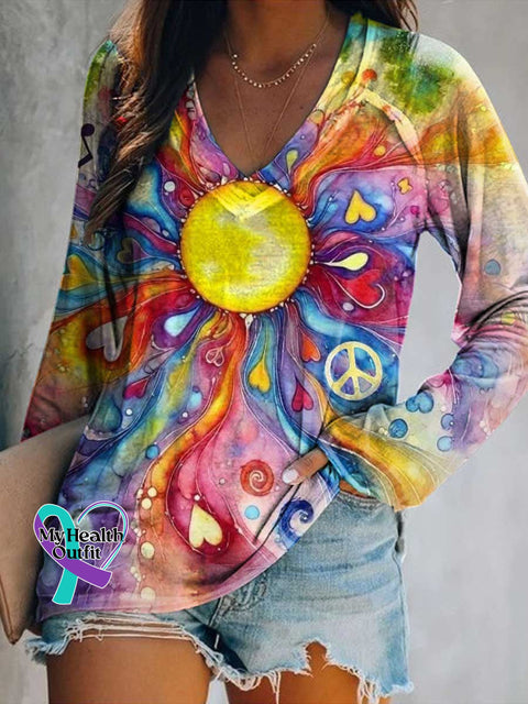 Women’s Sun Heart Peace Sign Print Casual V Neck Long Sleeve Tops Multicolor / S