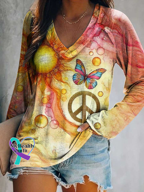 Women’s Sun Peace Sign Butterfly Print Casual V Neck Long Sleeve Tops Multicolor / S