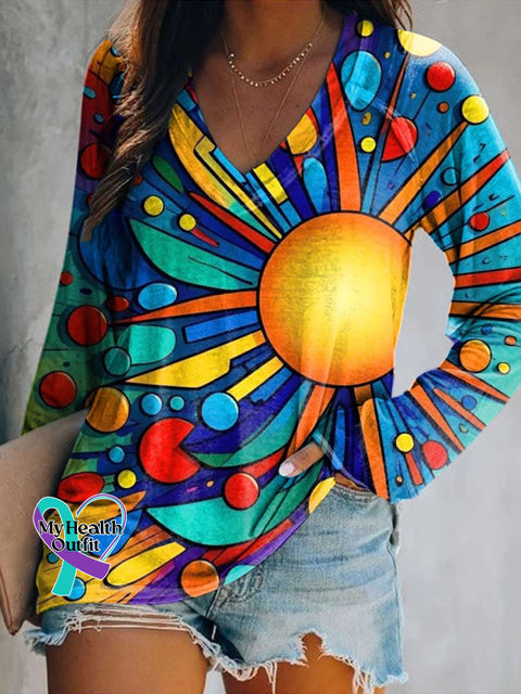 Women’s SUN Print Casual V Neck Long Sleeve Tops Multicolor / S