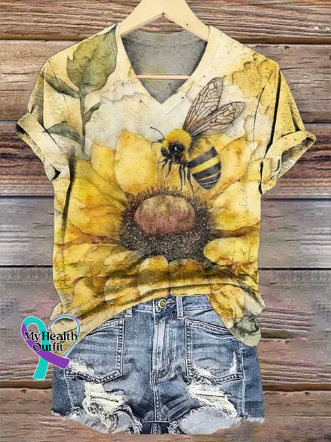 Women’s Sunflower Bee Art V-neck Casual T-Shirt Multicolor / S