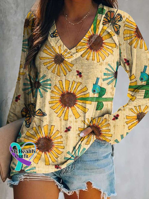 Women’s Sunflower Bird Print Casual V Neck Long Sleeve Tops Multicolor / S