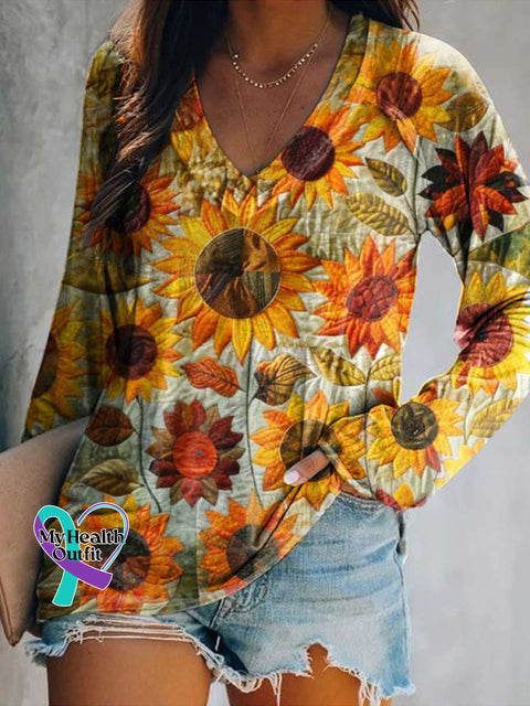 Women’s Sunflower Floral Print V Neck Long Sleeve Tops Color / S