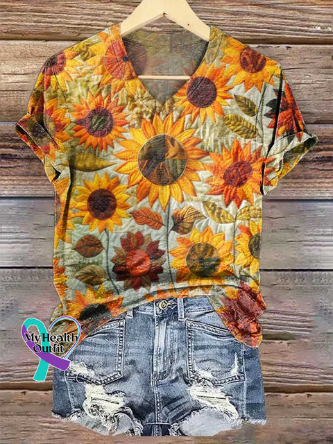 Women’s Sunflower Floral V-neck Casual T-Shirt Multicolor / S