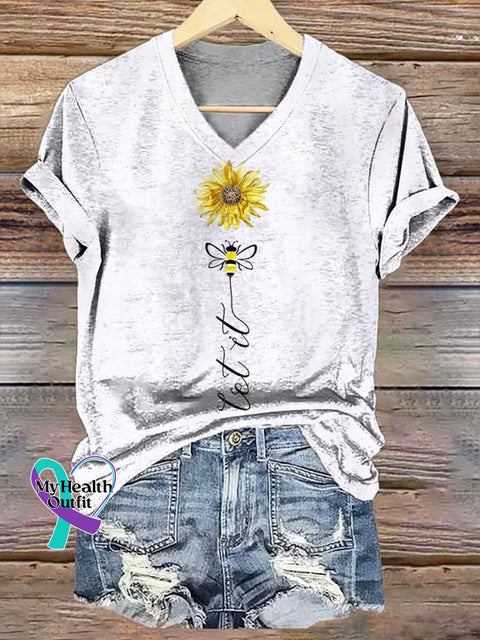 Women’s Sunflower Let it Be Art Print Casual V Neck T-shirt White / S