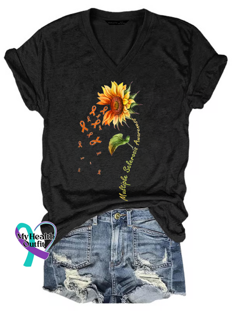 Women’s Sunflower Ms Awareness Multiple Sclerosis Warrior Multiple Sclerosis Orange Ribbon V-neck Casual T-Shirt Black