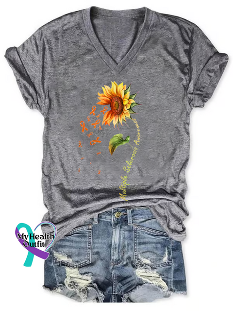 Women’s Sunflower Ms Awareness Multiple Sclerosis Warrior Multiple Sclerosis Orange Ribbon V-neck Casual T-Shirt Grey