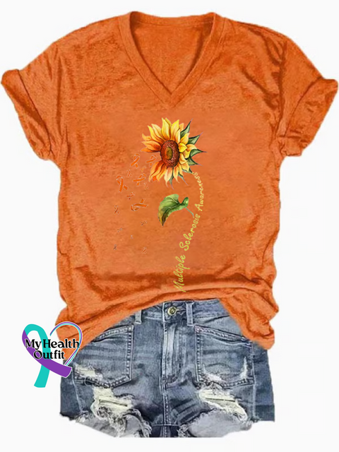 Women’s Sunflower Ms Awareness Multiple Sclerosis Warrior Multiple Sclerosis Orange Ribbon V-neck Casual T-Shirt Orange