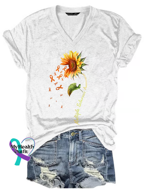 Women’s Sunflower Ms Awareness Multiple Sclerosis Warrior Multiple Sclerosis Orange Ribbon V-neck Casual T-Shirt White