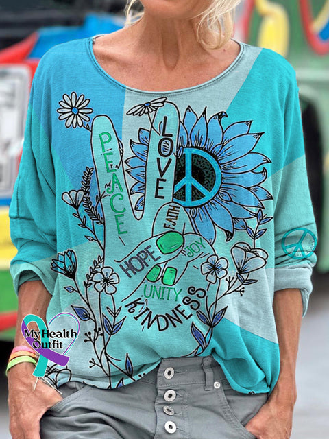 Women’s Sunflower Peace Hippie Art Print Long Sleeve T-Shirt Blue / 5Xl