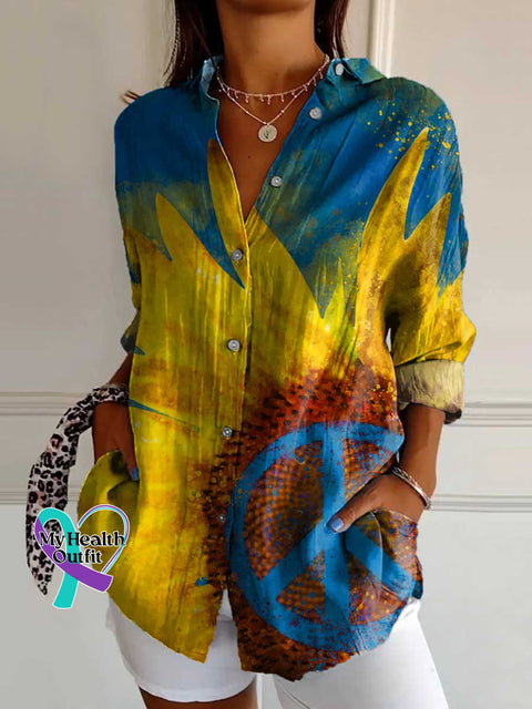 Women’s Sunflower Peace Sign Print Casual Cotton Shirt Multicolor / S