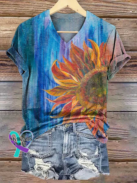 Women’s Sunflower V-neck Casual T-Shirt Multicolor / S