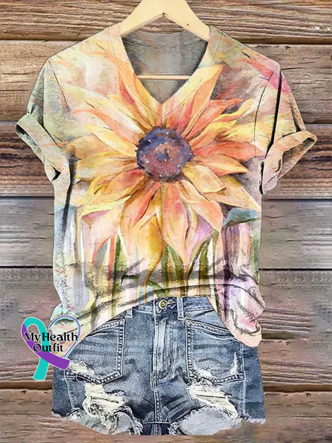 Women’s Sunflower V-neck Casual T-Shirt Multicolor / S