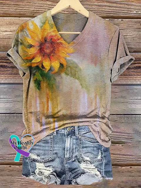 Women’s Sunflower V-neck Casual T-Shirt Multicolor / S