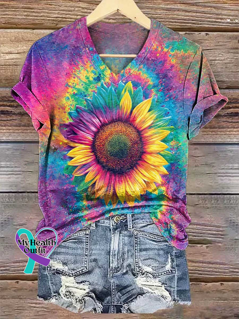 Women’s Sunflower V-neck Casual T-Shirt Multicolor / S
