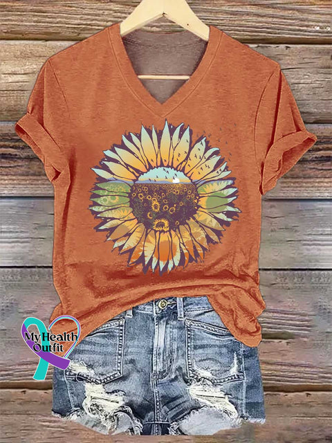 Women’s Sunflower V-neck Casual T-Shirt Orange / S