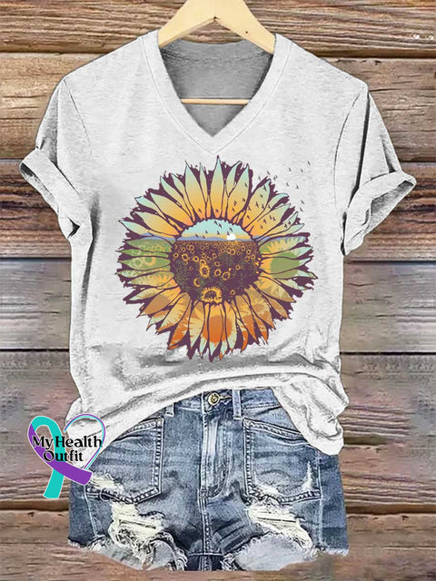 Women’s Sunflower V-neck Casual T-Shirt White / S
