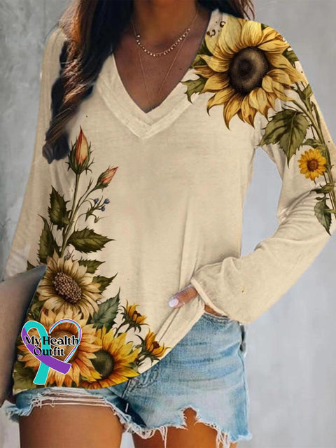 Women’s Sunflowers Art Print Casual V-Neck Long Sleeve Top Multicolor / S