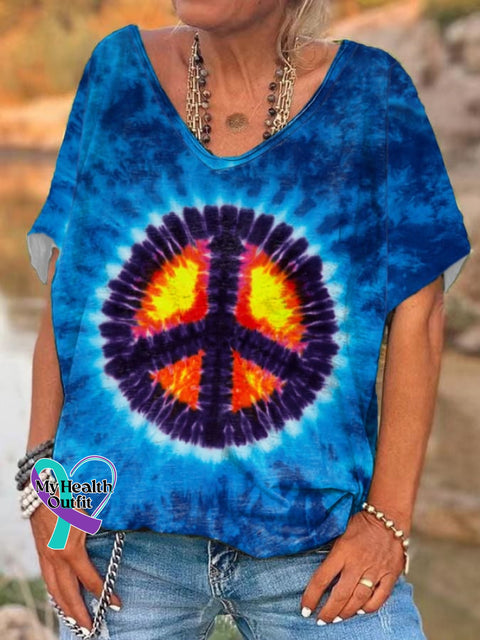 Women’s Sunset Peace Hippie Sign Tie Dye Print T-Shirt As Shown / S