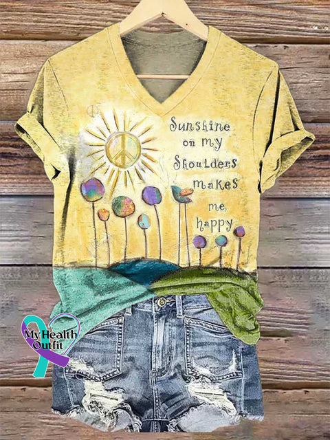 Women’s Sunshine On My Shoulders Makes Me Happy V-neck Casual T-Shirt Multicolor / S