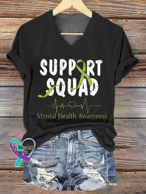 Women’s SUPPORT SQUAD Mental Health Awareness V-neck Casual T-Shirt Black / S