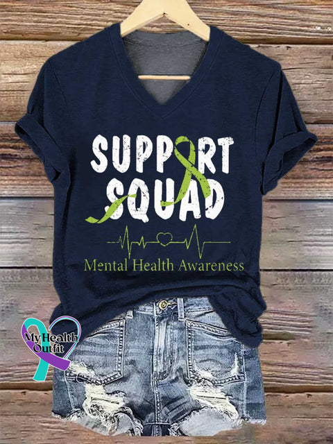 Women’s SUPPORT SQUAD Mental Health Awareness V-neck Casual T-Shirt Blue / S